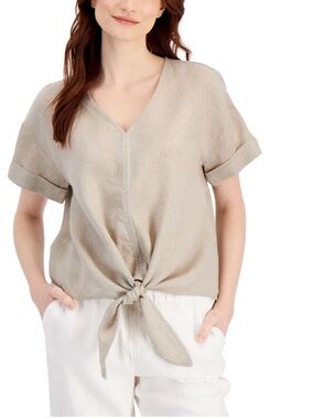 Charter Club | Linen Tie-Front Top Flax XS Beige V-neck Short Sleeves